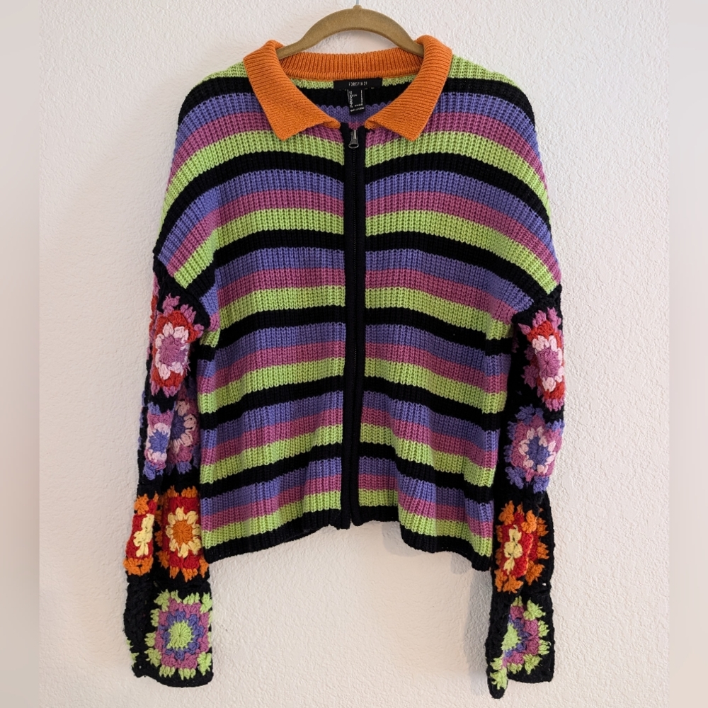 Granny Square Patchwork Sweater With Crochet Sleeves Size S